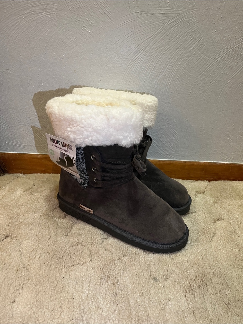 Muk Luks Dark Gray Faux-Shearling Winter Boots with Cream Cuff